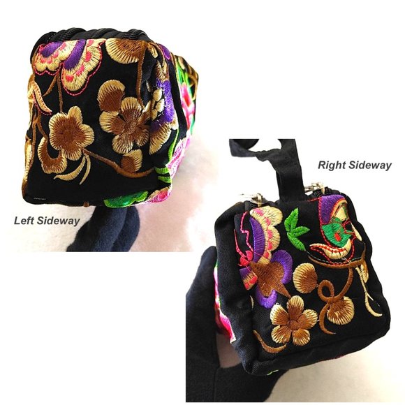 Embroidery Rabbits Floral Fabric Wristlet Pouch Black Brown Red 3-Layer Zippers - Picture 8 of 13